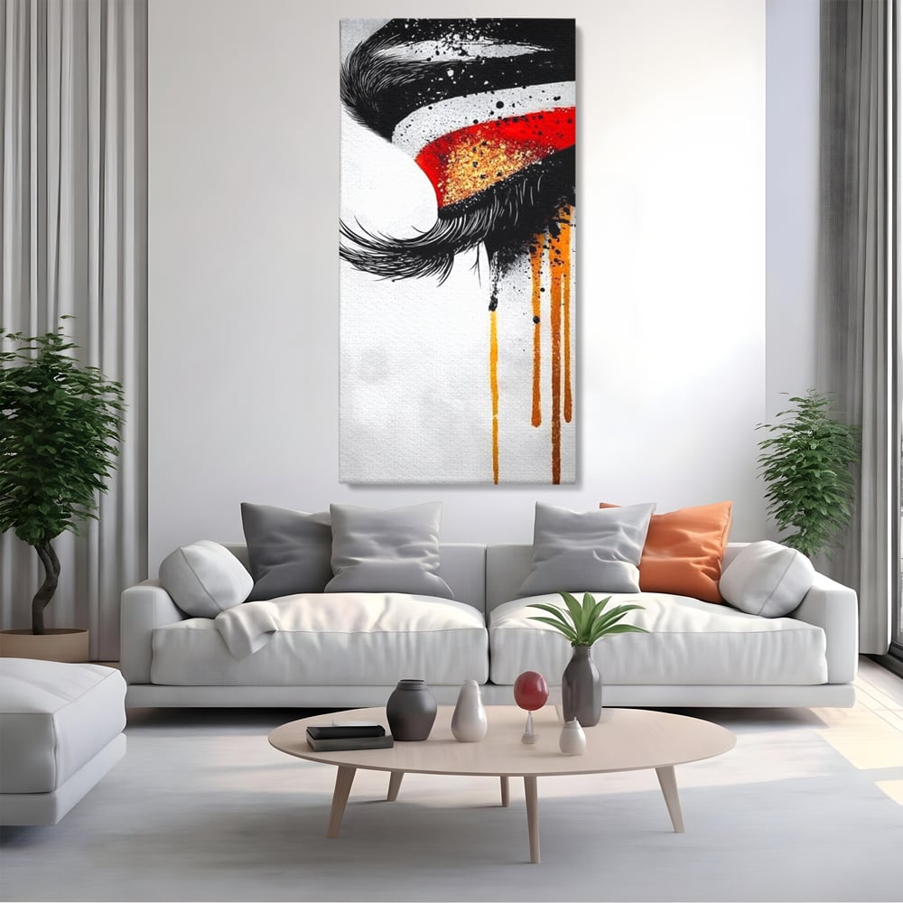 Tablou canvas cu tablou canvas cu ochi stilizat, fara rama, pe sasiu de lemn, pe perete intr-un living